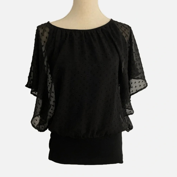 Soyaconcept Blouse Top Swiss Dot Sheer Lined Medium Black Batwing Peasant - Picture 11 of 11